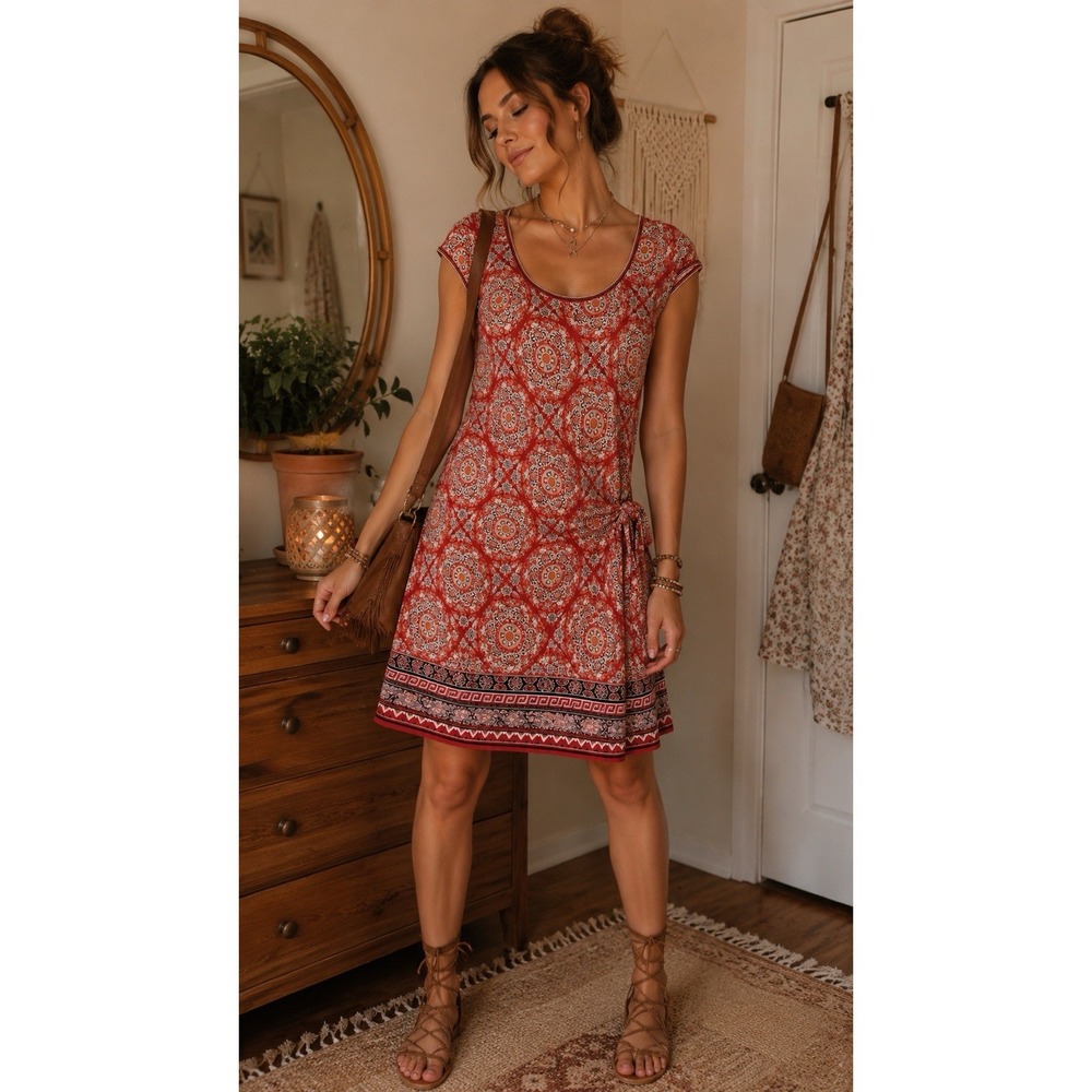 Max Studio  Red Floral Slinky Jersey Faux Wrap Dress Size XL Boho Travel